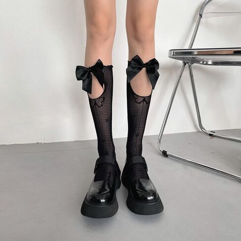 Benefeet Sox Fishnet Knee Highs Stockings with Bow Women Girls Black White Lace Knee High Socks Hollow Out Trouser Socks in Saudi Arabia