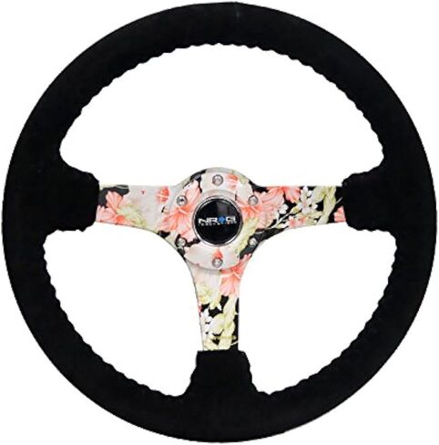 NRG Innovations NRG-RST-036FL-S Reinforced Steering Wheel - Hydro Dipped Tropical Floral 3" Deep, 5mm Spoke, 350mm Sport Steering Wheel Black Suede With Black Baseball Stitching in Saudi Arabia