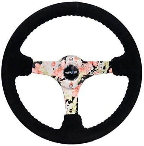 NRG Innovations NRG-RST-036FL-S Reinforced Steering Wheel - Hydro Dipped Tropical Floral 3" Deep, 5mm Spoke, 350mm Sport Steering Wheel Black Suede With Black Baseball Stitching in Saudi Arabia