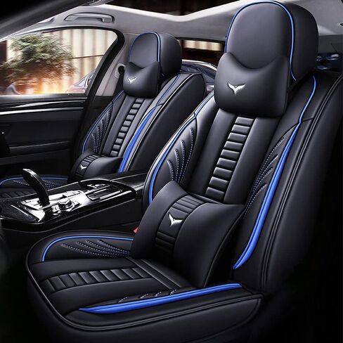 Luxury 2 Seats Car Seat Covers Protectors for Kia 1999-2025 95% Models, Back Storage Bag Design & Headrest Pillow & Lumbar Support Black & Blue Line in Saudi Arabia