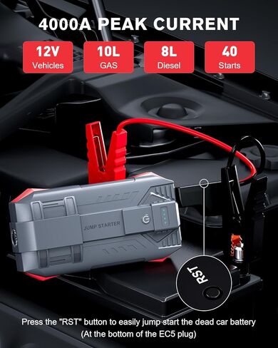 بطارية بطارية السيارة بداية ، 4000A Peak Jump Starter Battery Pack لما يصل إلى 10 لتر غاز ومحركات ديزل 8L ، ومربع قفزة محمولة 12V مع بنك USB/Power/Dual Output/LED in Saudi Arabia