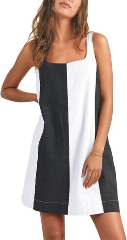CHARTOU Women Summer Sleeveless Linen Dress Color Block Short Beach Vacation Tank Dress in Saudi Arabia