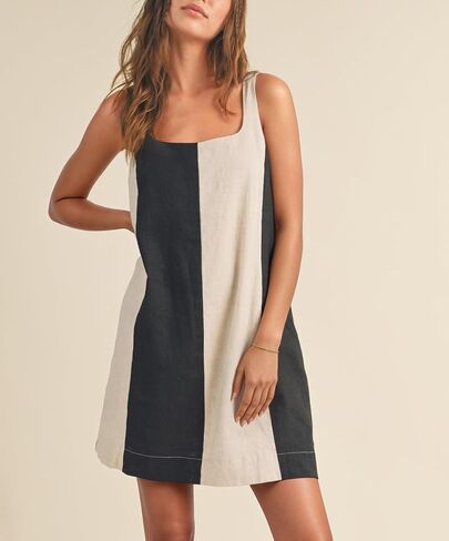 CHARTOU Women Summer Sleeveless Linen Dress Color Block Short Beach Vacation Tank Dress in Saudi Arabia