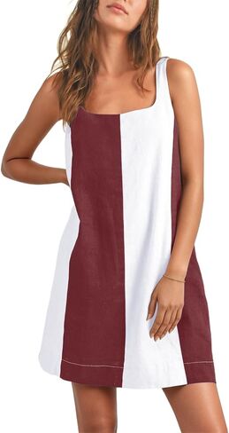 CHARTOU Women Summer Sleeveless Linen Dress Color Block Short Beach Vacation Tank Dress in Saudi Arabia