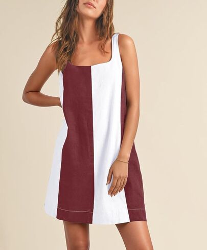 CHARTOU Women Summer Sleeveless Linen Dress Color Block Short Beach Vacation Tank Dress in Saudi Arabia