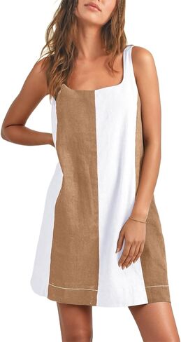 CHARTOU Women Summer Sleeveless Linen Dress Color Block Short Beach Vacation Tank Dress in Saudi Arabia