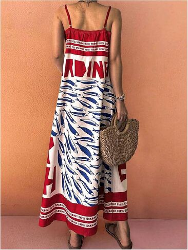 SOLY HUX Women's Sundress Graphic Print Color Block Spaghetti Strap Flowy Summer Long Cami Dress in Saudi Arabia