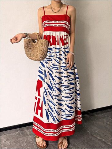 SOLY HUX Women's Sundress Graphic Print Color Block Spaghetti Strap Flowy Summer Long Cami Dress in Saudi Arabia