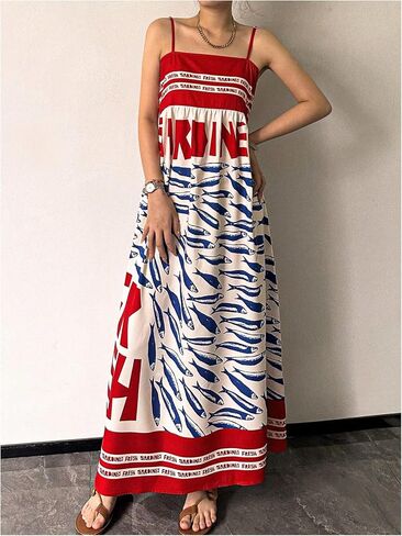 SOLY HUX Women's Sundress Graphic Print Color Block Spaghetti Strap Flowy Summer Long Cami Dress in Saudi Arabia