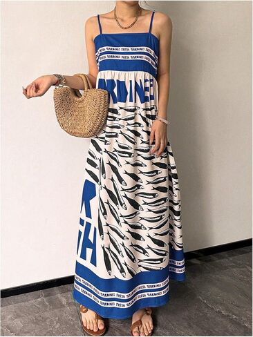 SOLY HUX Women's Sundress Graphic Print Color Block Spaghetti Strap Flowy Summer Long Cami Dress in Saudi Arabia