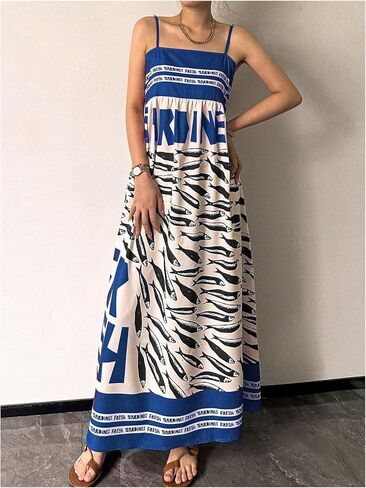 SOLY HUX Women's Sundress Graphic Print Color Block Spaghetti Strap Flowy Summer Long Cami Dress in Saudi Arabia