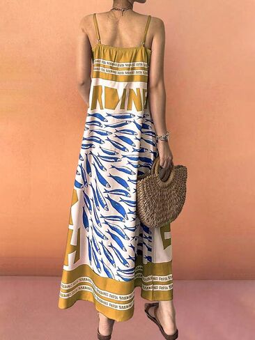 SOLY HUX Women's Sundress Graphic Print Color Block Spaghetti Strap Flowy Summer Long Cami Dress in Saudi Arabia