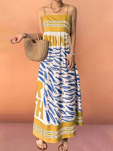SOLY HUX Women's Sundress Graphic Print Color Block Spaghetti Strap Flowy Summer Long Cami Dress in Saudi Arabia
