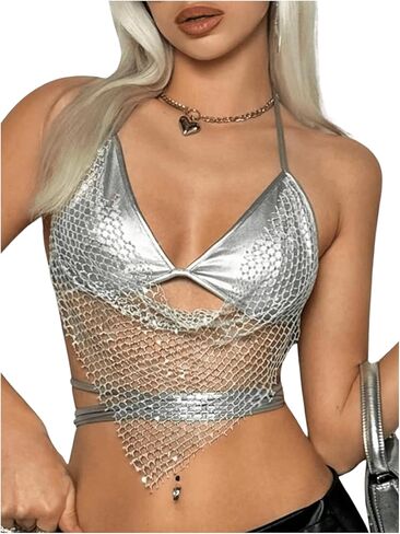 MakeMeChic Women's Sequin Fishnet Halter Tops Y2K Glitter Criss Cross Tie Back Crop Festival Rave Top in Saudi Arabia