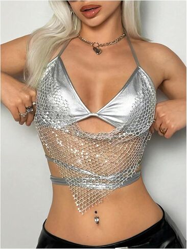 MakeMeChic Women's Sequin Fishnet Halter Tops Y2K Glitter Criss Cross Tie Back Crop Festival Rave Top in Saudi Arabia