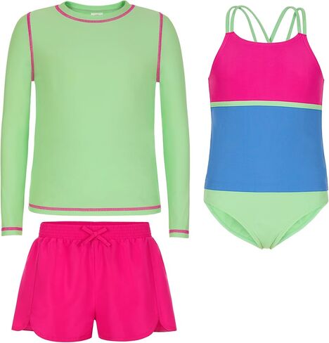 Saint Eve Kids Swimsuit 4 قطع-أعلى الأكمام Tankini Top ، Bikini Bottom ، Upf 50+ ، swim spoot for pool ، beach ، camp in Kuwait