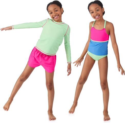 Saint Eve Kids Swimsuit 4 قطع-أعلى الأكمام Tankini Top ، Bikini Bottom ، Upf 50+ ، swim spoot for pool ، beach ، camp in Kuwait