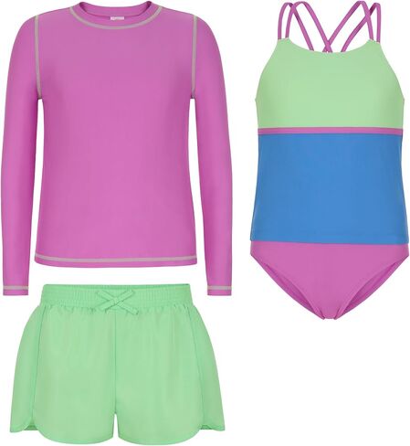 Saint Eve Kids Swimsuit 4 قطع-أعلى الأكمام Tankini Top ، Bikini Bottom ، Upf 50+ ، swim spoot for pool ، beach ، camp in Kuwait