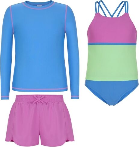 Saint Eve Kids Swimsuit 4 قطع-أعلى الأكمام Tankini Top ، Bikini Bottom ، Upf 50+ ، swim spoot for pool ، beach ، camp in Kuwait