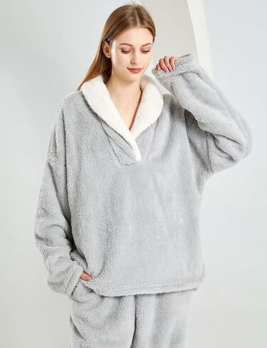 Gihuo Women' s Fluffy Pajamas Set Fleece Pullover Pants Loose Plush Sleepwear 2 Piece Pjs Set Warm Loungewear Fuzzy in Saudi Arabia