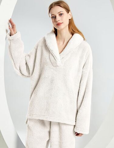 مجموعة بيجامات Gihuo Women's Fluffy Pajamas سراويل سراويل سراويل فضفاضة أفخم ملابس نوم 2 قطعة PJS مجموعة صالة دافئة غامضة in Saudi Arabia