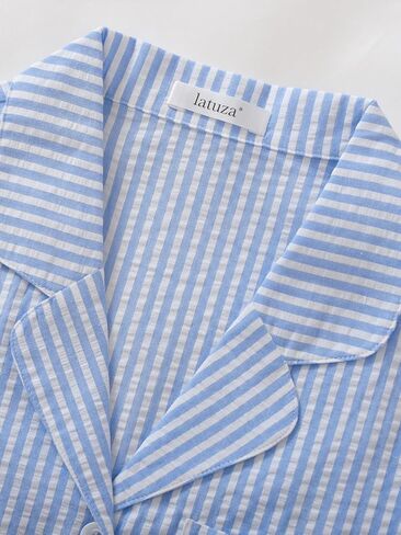 Latuza Women's Cotton Seersucker Pajama Set Long Sleeve Button Down Shirt Shorts in Saudi Arabia