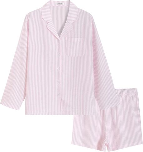 Latuza Women's Cotton Seersucker Pajama Set Long Sleeve Button Down Shirt Shorts in Saudi Arabia