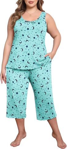 Lastshe Women's Plus Size Pajama Set 2 Piece Sleepwear Soft Cozy Sleeveless Knit Tank Top Capri Pants Lounge PJs with Pockets in Kuwait