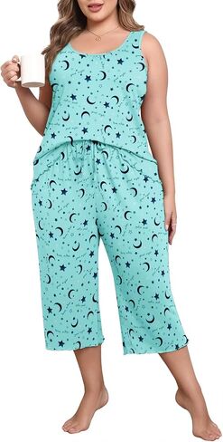 Lastshe Women's Plus Size Pajama Set 2 Piece Sleepwear Soft Cozy Sleeveless Knit Tank Top Capri Pants Lounge PJs with Pockets in Kuwait