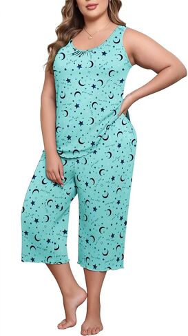 Lastshe Women's Plus Size Pajama Set 2 Piece Sleepwear Soft Cozy Sleeveless Knit Tank Top Capri Pants Lounge PJs with Pockets in Kuwait