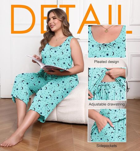 Lastshe Women's Plus Size Pajama Set 2 Piece Sleepwear Soft Cozy Sleeveless Knit Tank Top Capri Pants Lounge PJs with Pockets in Kuwait