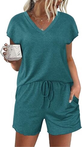Ekouaer Women's Pajamas Short Sleeve Summer Pj Set V Neck 2 Piece Loungewear Sleepwear S-XXL in Saudi Arabia