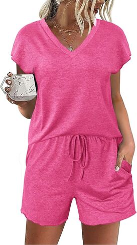 Ekouaer Women's Pajamas Short Sleeve Summer Pj Set V Neck 2 Piece Loungewear Sleepwear S-XXL in Saudi Arabia