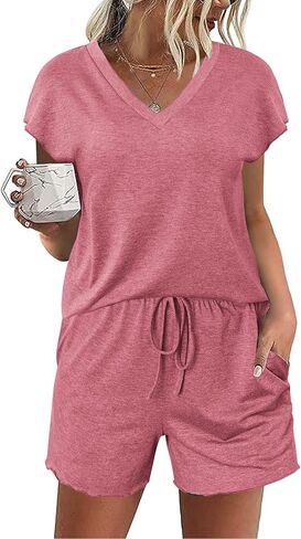 Ekouaer Women's Pajamas Short Sleeve Summer Pj Set V Neck 2 Piece Loungewear Sleepwear S-XXL in Saudi Arabia