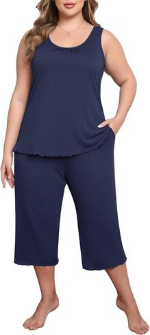Lastshe Women's Plus Size Pajama Set 2 Piece Sleepwear Soft Cozy Sleeveless Knit Tank Top Capri Pants Lounge PJs with Pockets in Kuwait