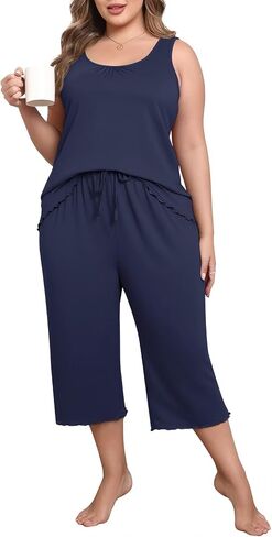 Lastshe Women's Plus Size Pajama Set 2 Piece Sleepwear Soft Cozy Sleeveless Knit Tank Top Capri Pants Lounge PJs with Pockets in Kuwait