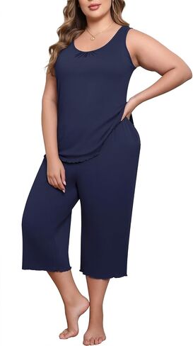 Lastshe Women's Plus Size Pajama Set 2 Piece Sleepwear Soft Cozy Sleeveless Knit Tank Top Capri Pants Lounge PJs with Pockets in Kuwait