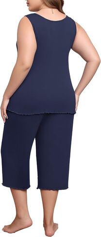 Lastshe Women's Plus Size Pajama Set 2 Piece Sleepwear Soft Cozy Sleeveless Knit Tank Top Capri Pants Lounge PJs with Pockets in Kuwait