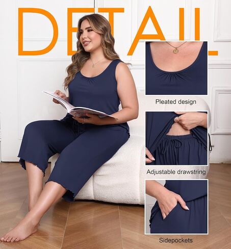 Lastshe Women's Plus Size Pajama Set 2 Piece Sleepwear Soft Cozy Sleeveless Knit Tank Top Capri Pants Lounge PJs with Pockets in Kuwait