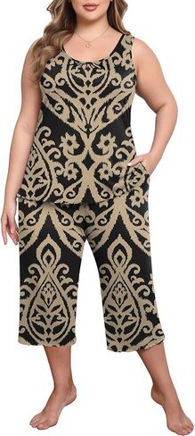Lastshe Women's Plus Size Pajama Set 2 Piece Sleepwear Soft Cozy Sleeveless Knit Tank Top Capri Pants Lounge PJs with Pockets in Kuwait