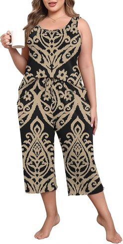 Lastshe Women's Plus Size Pajama Set 2 Piece Sleepwear Soft Cozy Sleeveless Knit Tank Top Capri Pants Lounge PJs with Pockets in Kuwait