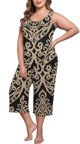 Lastshe Women's Plus Size Pajama Set 2 Piece Sleepwear Soft Cozy Sleeveless Knit Tank Top Capri Pants Lounge PJs with Pockets in Kuwait