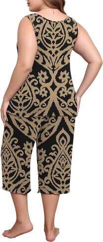 Lastshe Women's Plus Size Pajama Set 2 Piece Sleepwear Soft Cozy Sleeveless Knit Tank Top Capri Pants Lounge PJs with Pockets in Kuwait