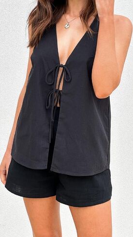 سراويل شورتات أمامية تربط النساء V HALTER CAMI TOP Y2K 2 قطعة PJ مجموعة الرسوم الصيفية صالة صالة الشاطئ in Saudi Arabia