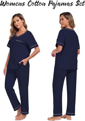 CF Women's 100% Cotton Pajama Sets Soft Short Sleeve Tops & Pants Comfy Sleepwear 2 Piece Lounge set with Pockets Loungewear in Kuwait