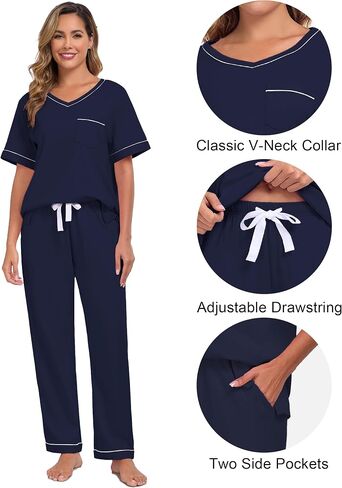 CF Women's 100% Cotton Pajama Sets Soft Short Sleeve Tops & Pants Comfy Sleepwear 2 Piece Lounge set with Pockets Loungewear in Kuwait