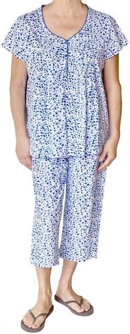 La Cera Women's 100 ٪ Cotton Capri Pajama Set - Cap Sleeves ، Picot Edge Neck Trim ، Capri Pant in Saudi Arabia