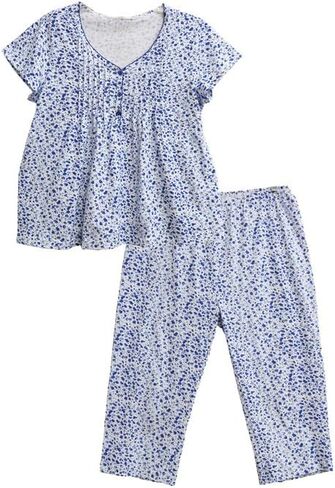 La Cera Women's 100 ٪ Cotton Capri Pajama Set - Cap Sleeves ، Picot Edge Neck Trim ، Capri Pant in Saudi Arabia