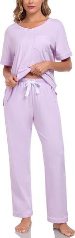 CF Women's 100% Cotton Pajama Sets Soft Short Sleeve Tops & Pants Comfy Sleepwear 2 Piece Lounge set with Pockets Loungewear in Kuwait