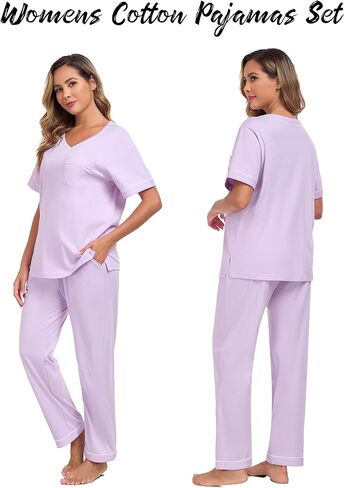 CF Women's 100% Cotton Pajama Sets Soft Short Sleeve Tops & Pants Comfy Sleepwear 2 Piece Lounge set with Pockets Loungewear in Kuwait